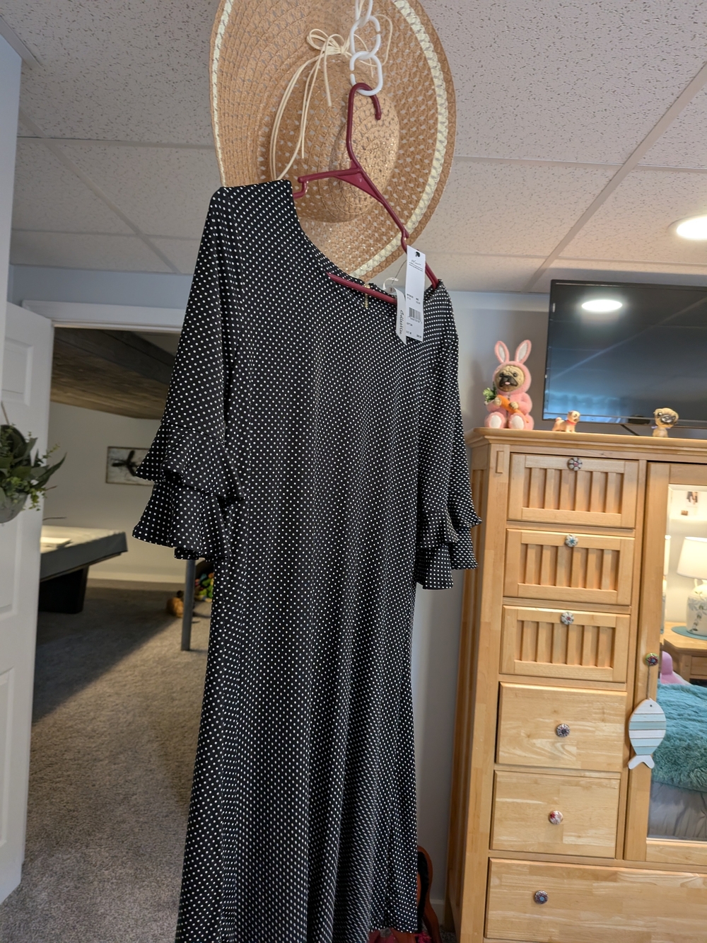 NY Collection Black Polka Dot Midi Dress with Ruffle Sleeves
